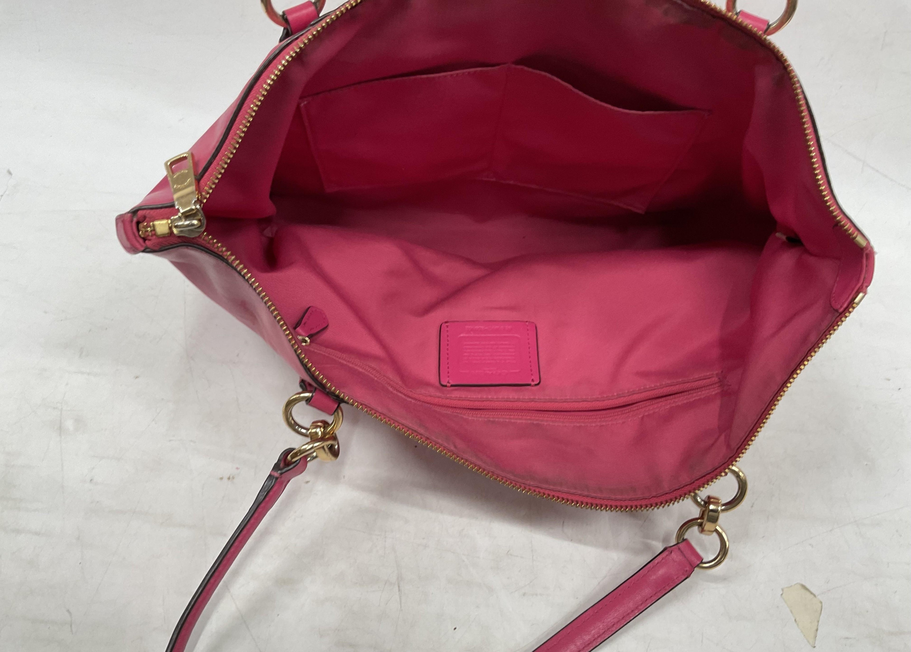 Coach Fuchsia Pink Leather Tote Handbag with Gold Tone Hardware | Everyday Shoulder Carryall