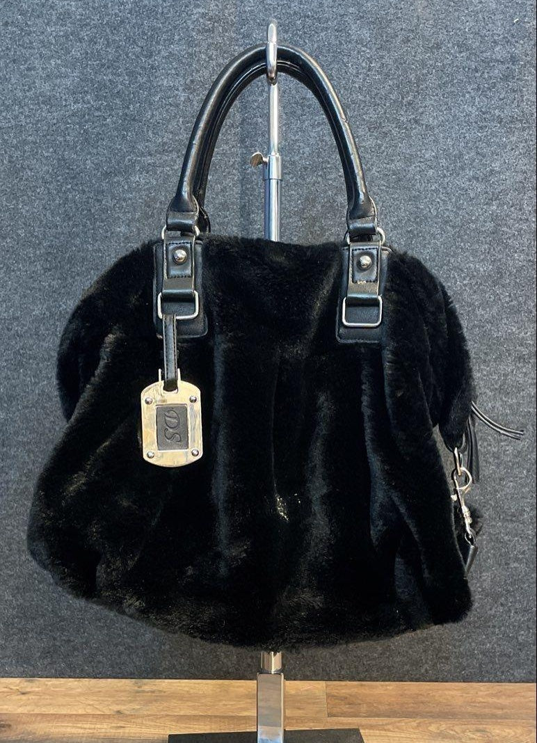 Donna Salyers Fabulous-Furs Black Faux Fur Satchel Handbag with Silver Hardware | Luxe Evening Tote