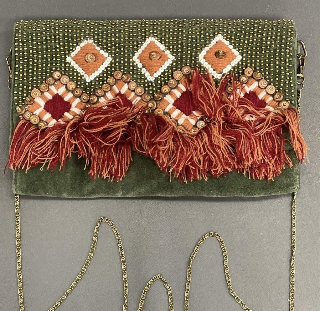 Green Velvet Beaded Bohemian Clutch Crossbody Bag, Embroidered Tassel Evening Purse