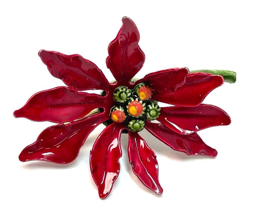 Vintage Gold Tone Red Enamel Poinsettia Brooch Pin 5.7g | Christmas Holiday Floral Jewelry
