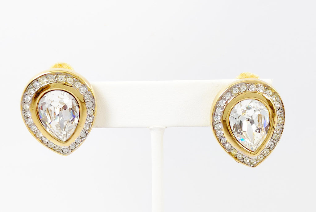 Vintage Swarovski Gold Tone Crystal Teardrop Halo Clip-On Earrings