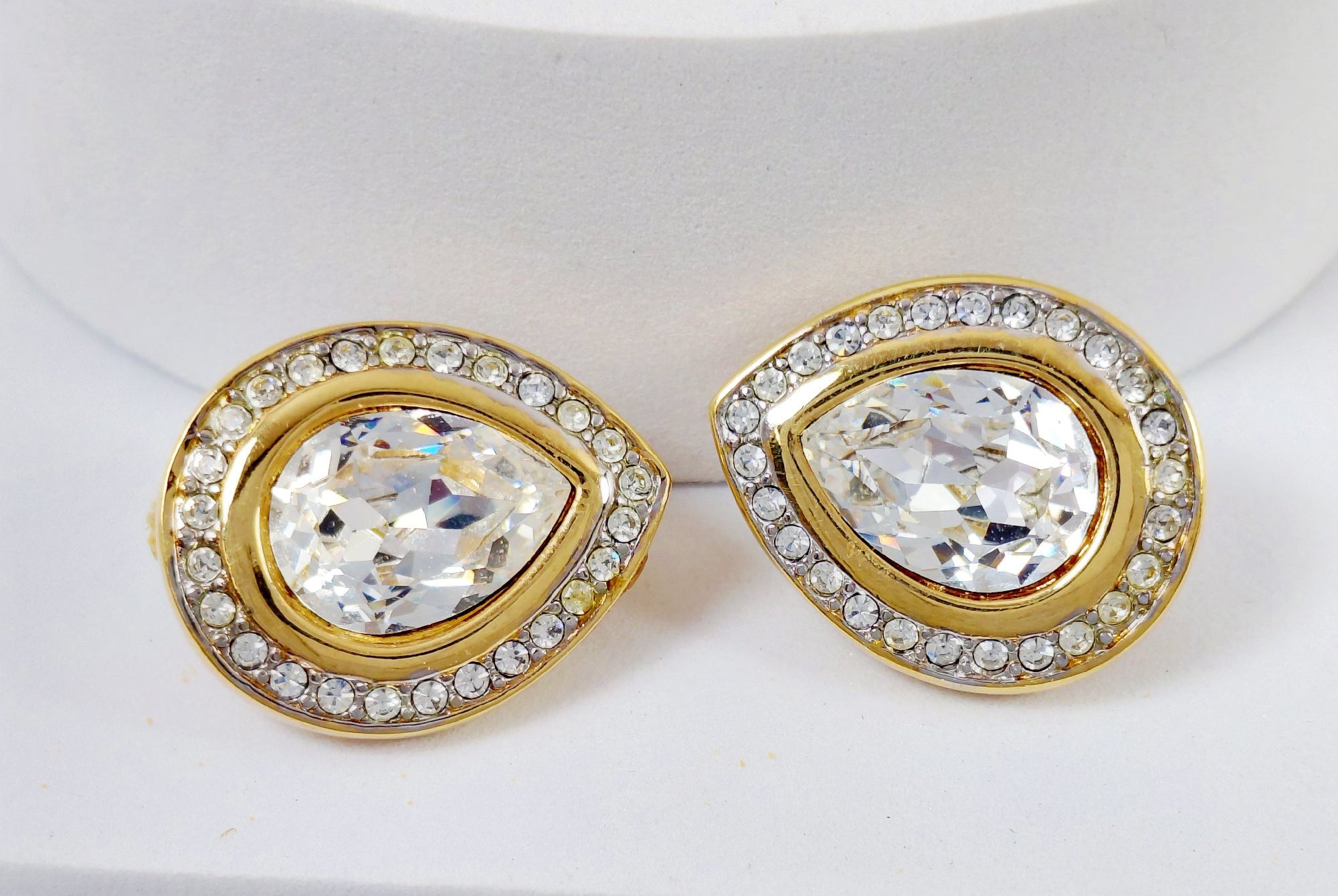 Vintage Swarovski Gold Tone Crystal Teardrop Halo Clip-On Earrings