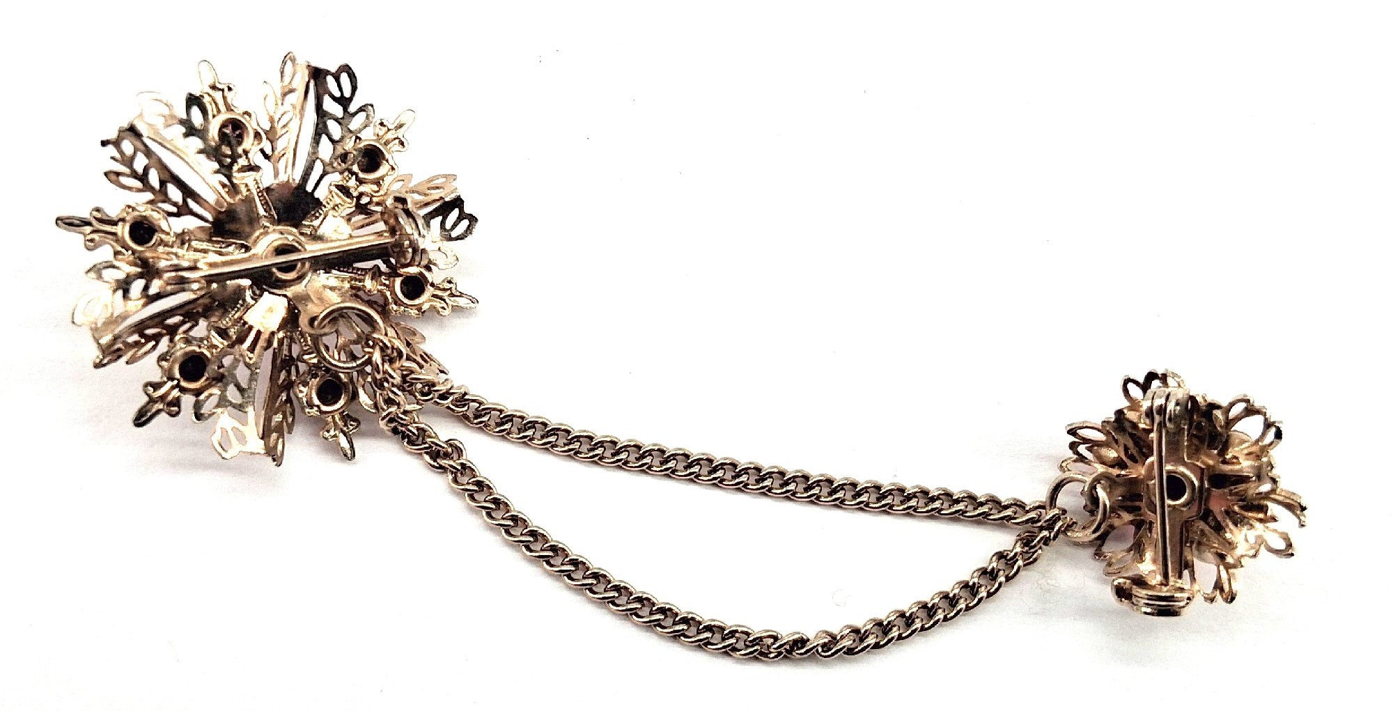 Vintage Unsigned Rhinestone Gold Tone Sweater Clip Brooch