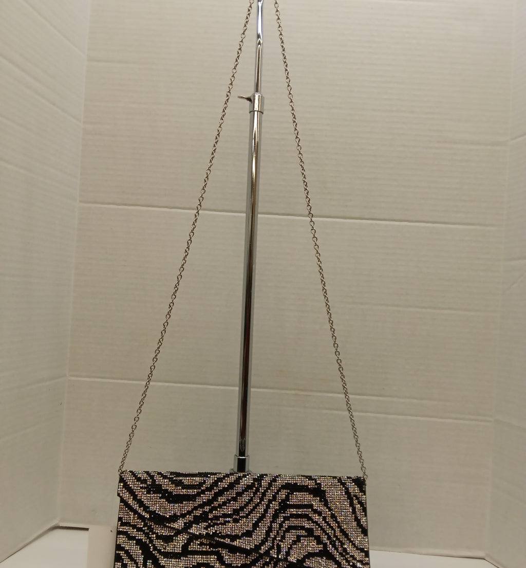 Shimmer New with Tags Zebra Rhinestone Evening Clutch | Black Silver Chain Strap Bag