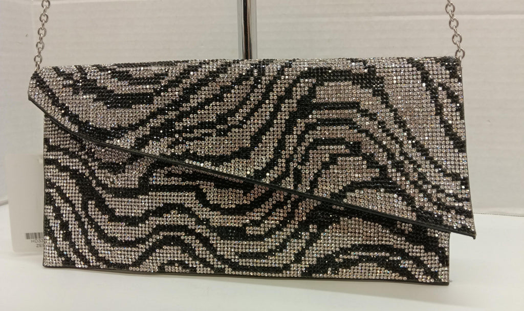 Shimmer New with Tags Zebra Rhinestone Evening Clutch | Black Silver Chain Strap Bag