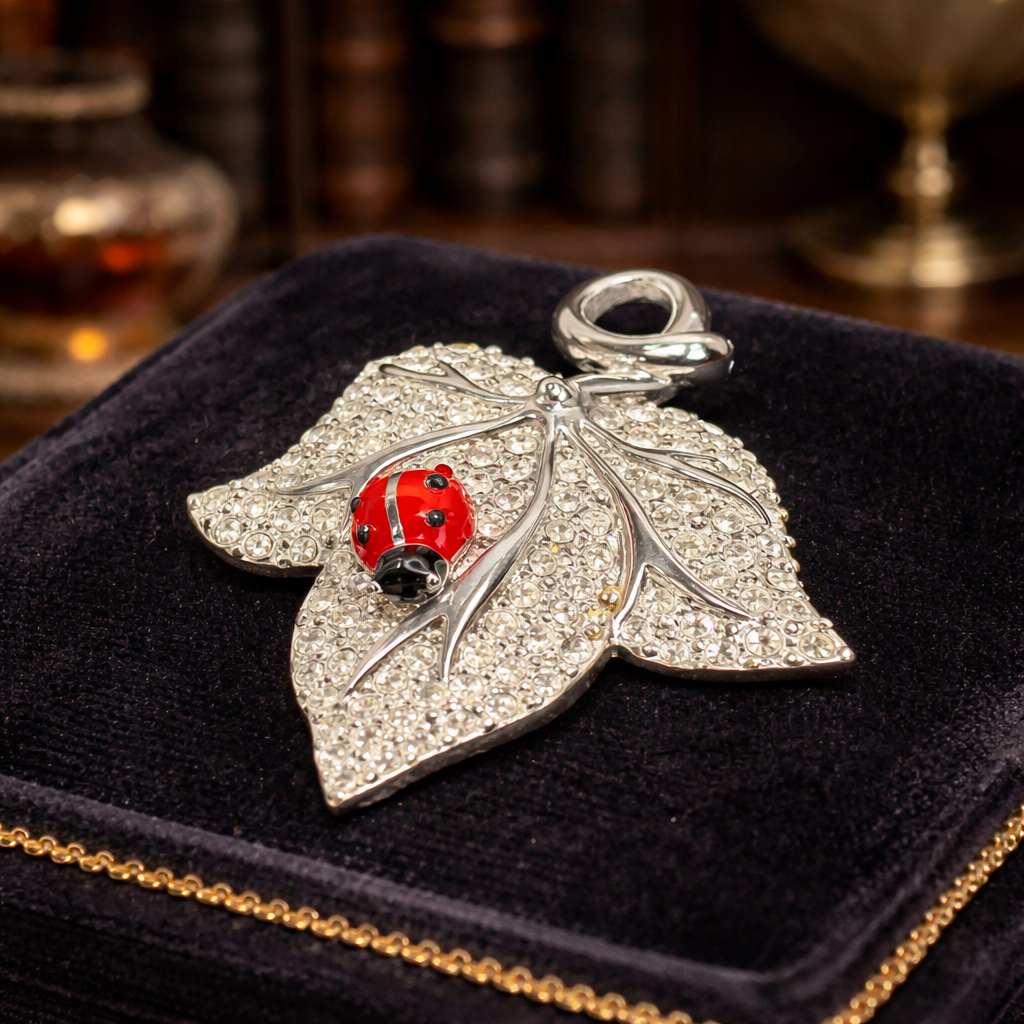 Swarovski 925 Sterling Silver Crystal Leaf Pendant Necklace Ladybug Charm Pavé