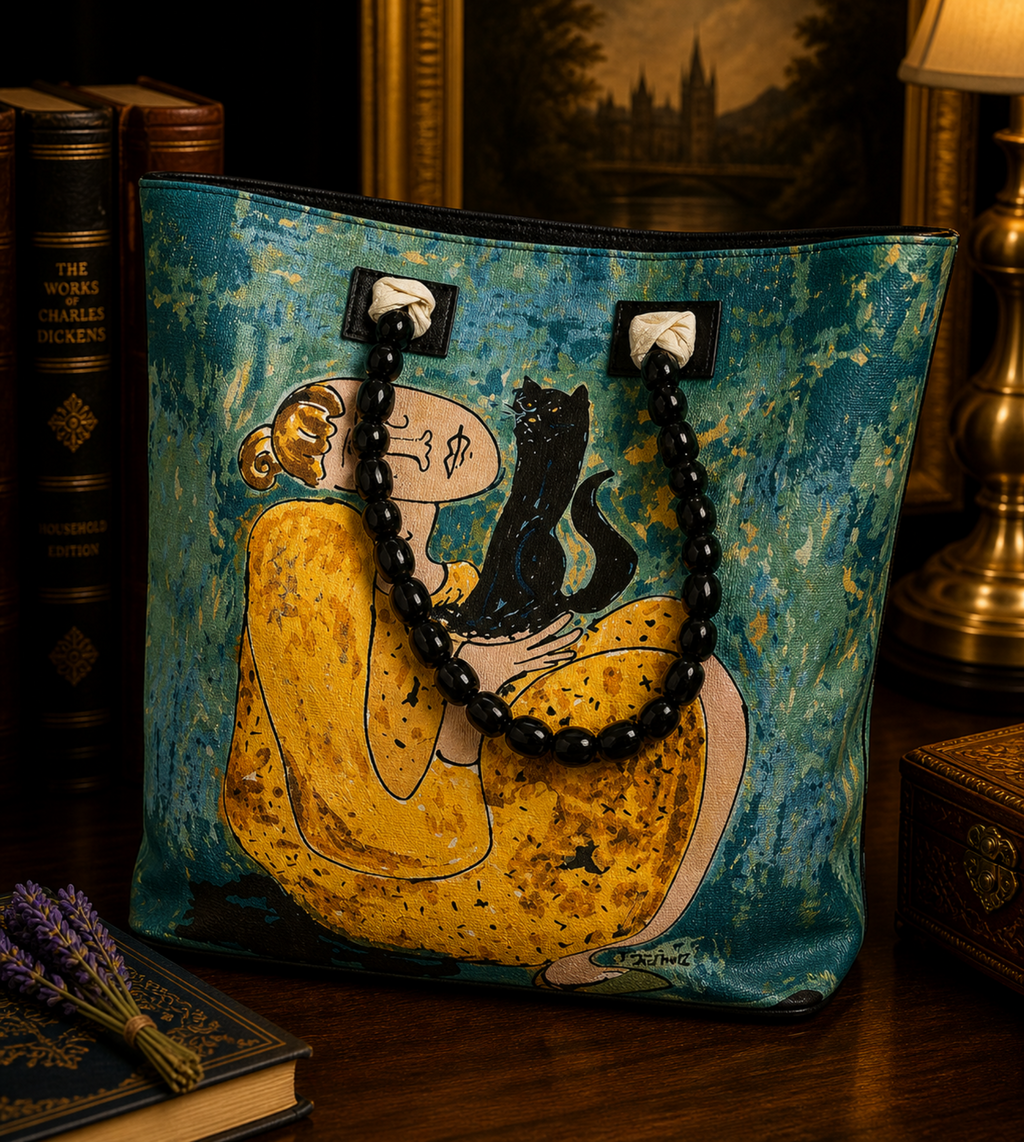 Polly Can Art Tote Bag Blue Yellow Black Woman and Cat Design