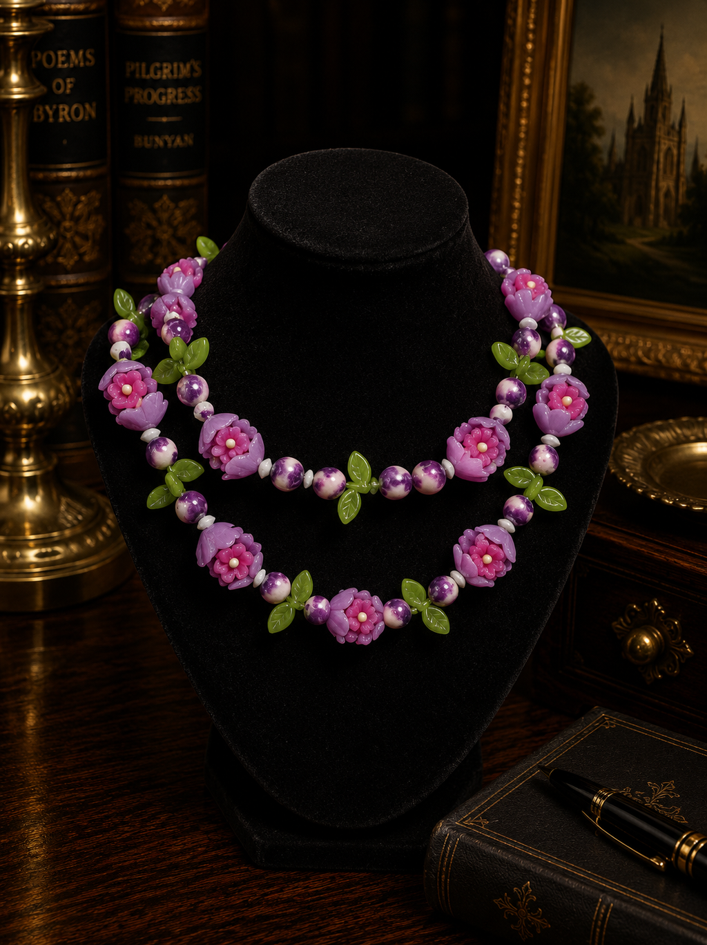 Pink and Purple Flower Bead Necklace with Green Leaf Accents  Description