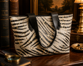 Silver Rose Zebra Print Hair-On-Hide Tote Bag with Black Leather Handles