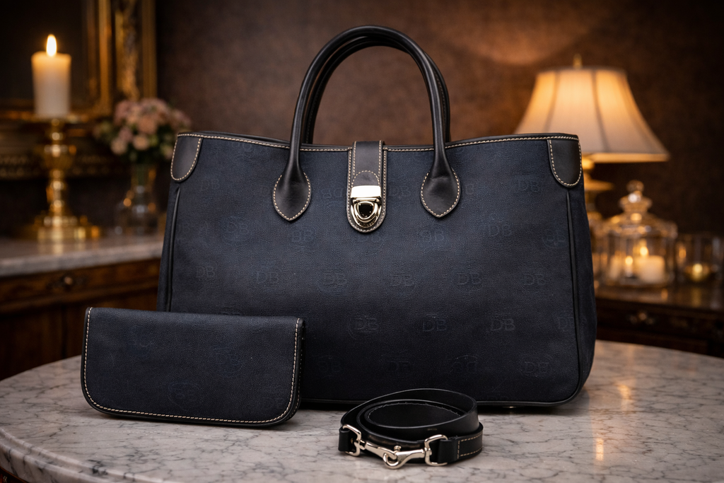 Dooney & Bourke Donegal Crest Monogram Blue Canvas Tote Bag Set | Leather Trim Handbag with Matching Glasses Case