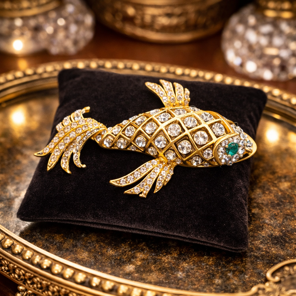 Gold Tone Jeweled Fish Brooch Crystal Lattice Body Green Eye Figural Pin