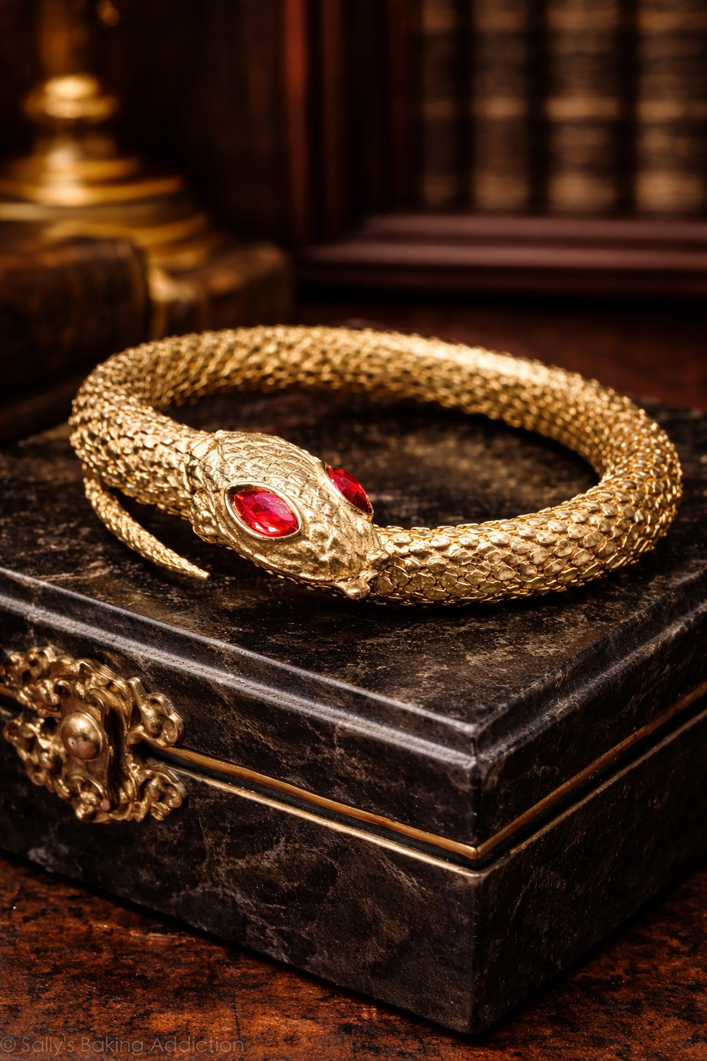 Gold Tone Snake Bracelet Red Crystal Eye Serpent Wrap Bangle Textured Scale Statement Jewelry