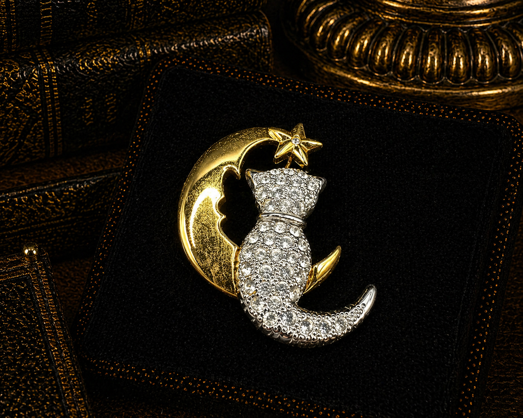 Two Tone Crystal Cat Moon Brooch