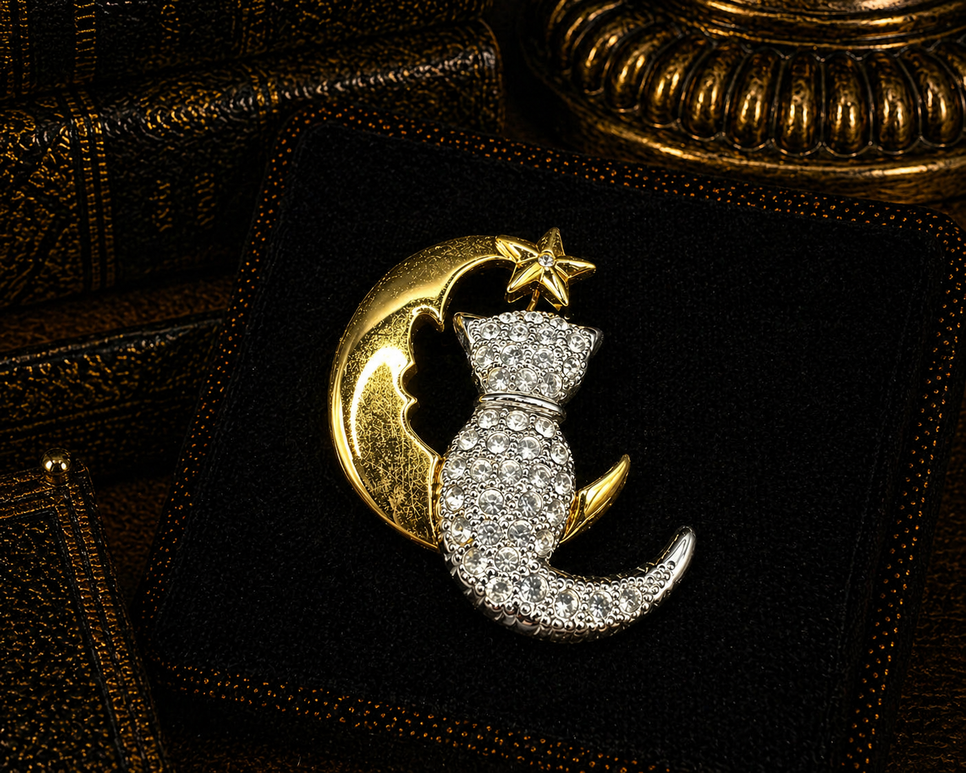 Two Tone Crystal Cat Moon Brooch