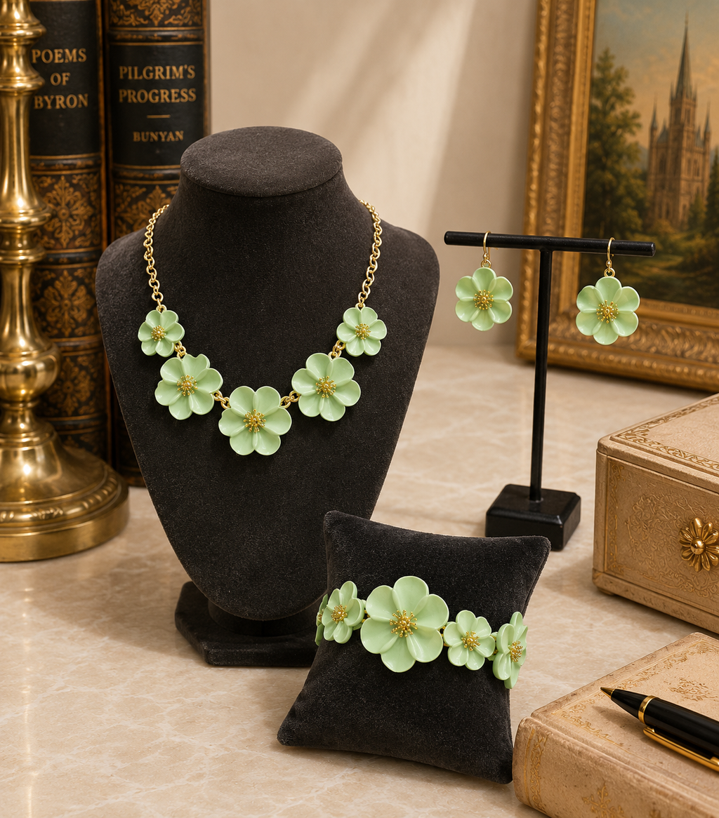 Mint Green Flower Necklace Earrings and Bracelet Set