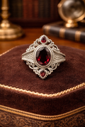 (SOLD) Sterling Silver 925 Garnet Ring Ornate Filigree Vintage Style Statement Ring Size 7
