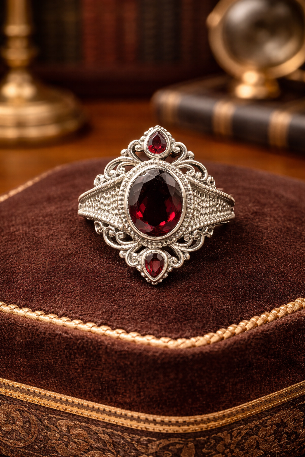(SOLD) Sterling Silver 925 Garnet Ring Ornate Filigree Vintage Style Statement Ring Size 7