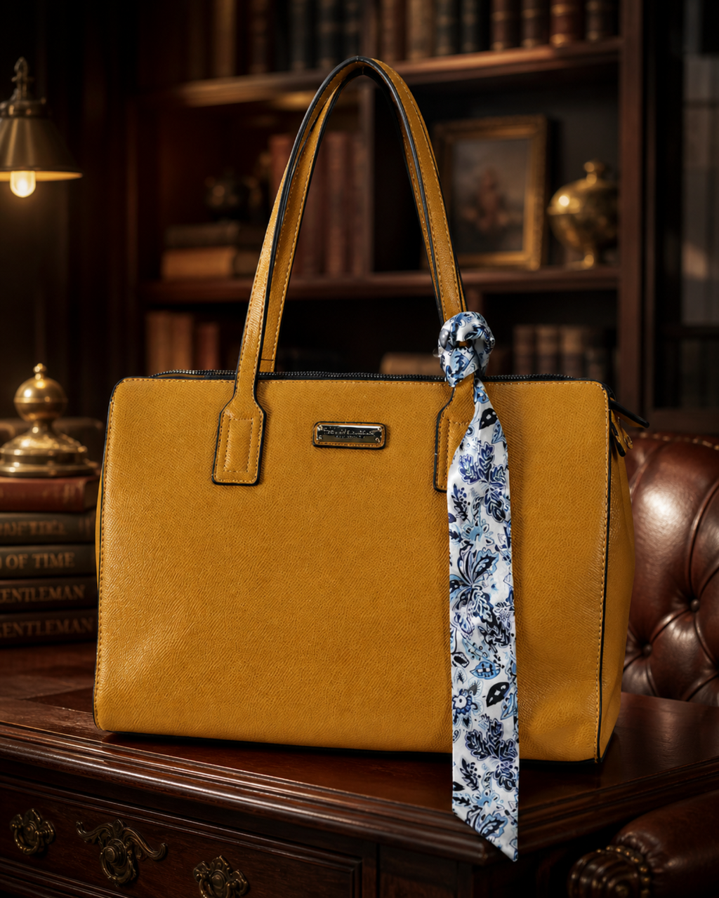 London Fog Golden Yellow Structured Satchel Tote with Scarf Accent