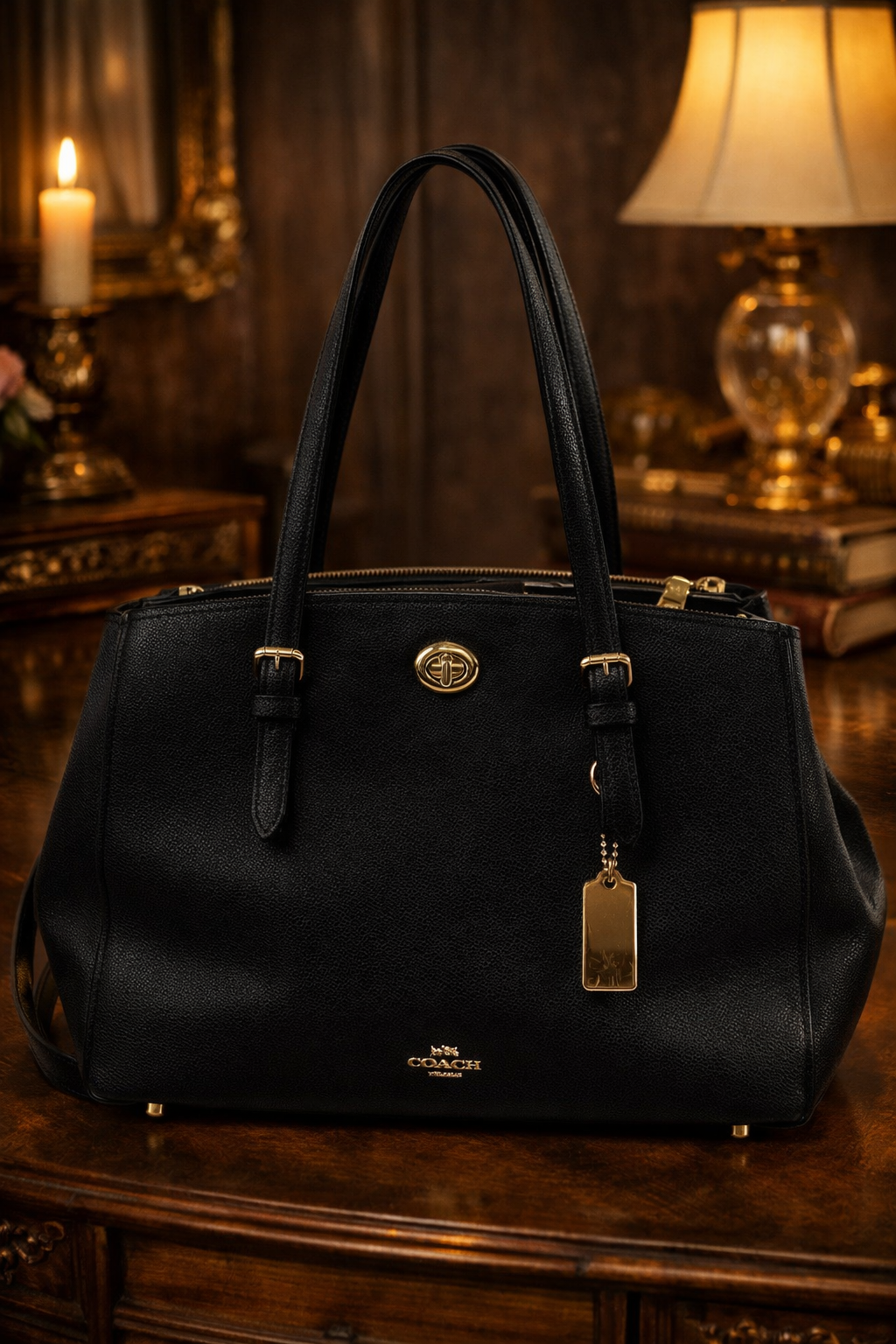 Coach Turnlock Carryall Black Pebbled Leather Shoulder Bag | Gold Hardware Structured Tote Purse
