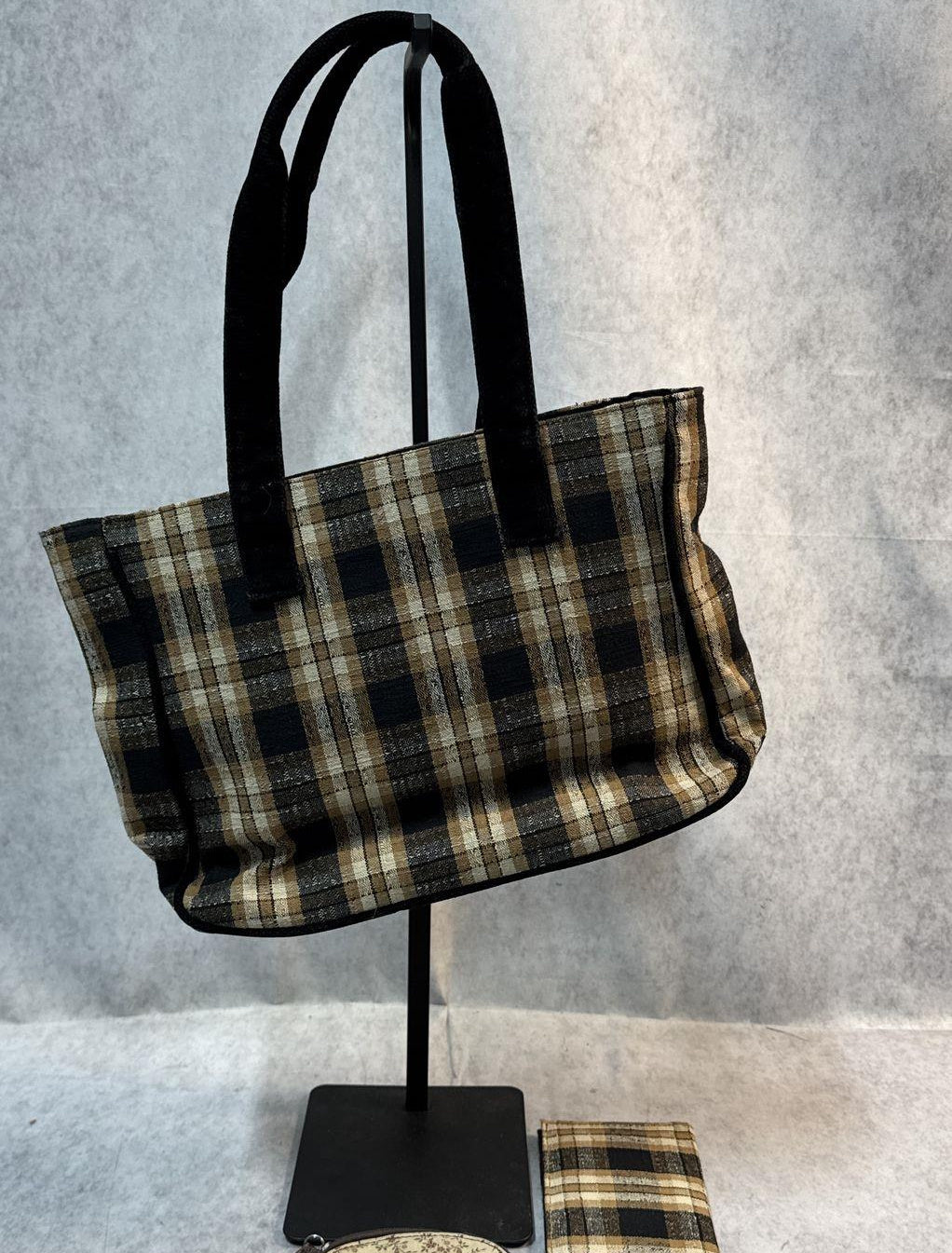 Longaberger Plaid Tote Bag Purse Wallet & Pouch 3 Piece Set Homestead Fabric