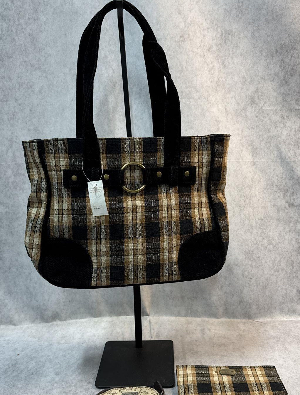 Longaberger Plaid Tote Bag Purse Wallet & Pouch 3 Piece Set Homestead Fabric