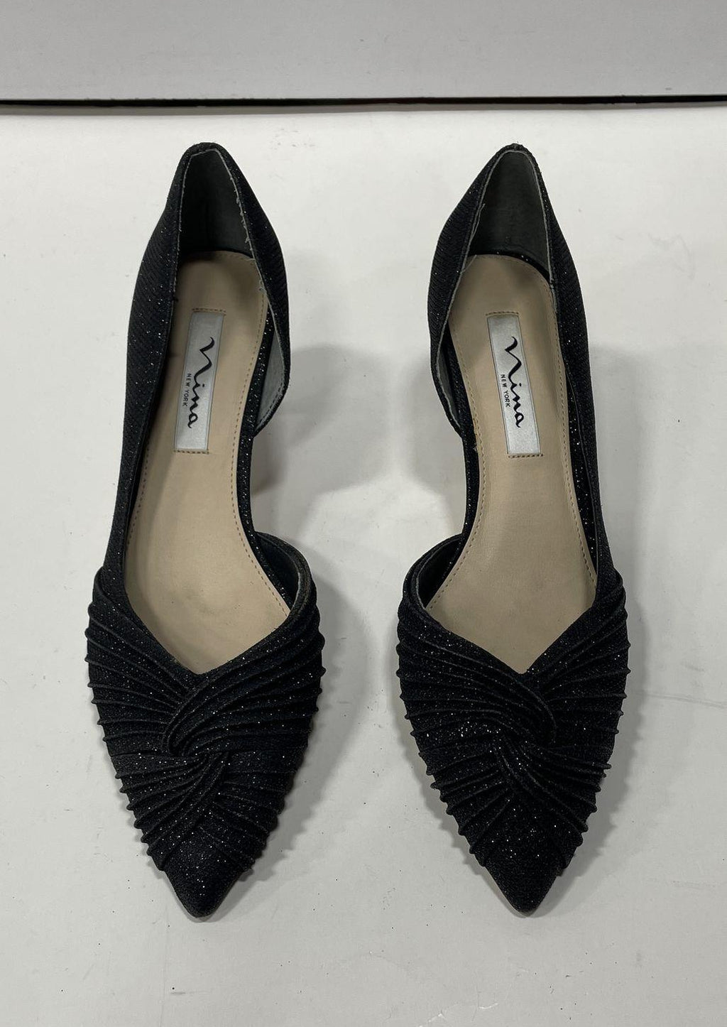 Nina Taylie Black Sparkle Pointed-Toe Kitten Heels, Size 8M