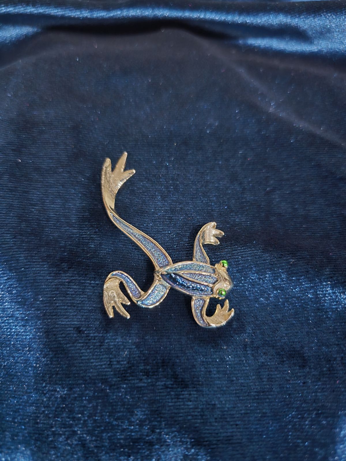 Blue Enamel Frog Brooch with Crystal Eyes Silver-Tone Whimsical Figural Pin