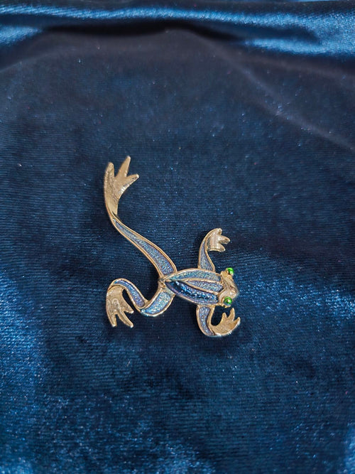 Blue Enamel Frog Brooch with Crystal Eyes Silver-Tone Whimsical Figural Pin