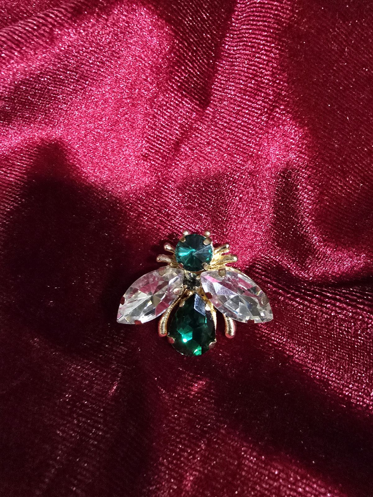 Crystal Fly Brooch Green & Clear Faceted Rhinestone Gold-Tone Insect Pin