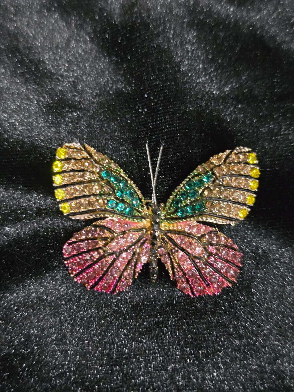 Multicolor Pave Butterfly Brooch Rhinestone Gold-Tone Statement Figural Pin
