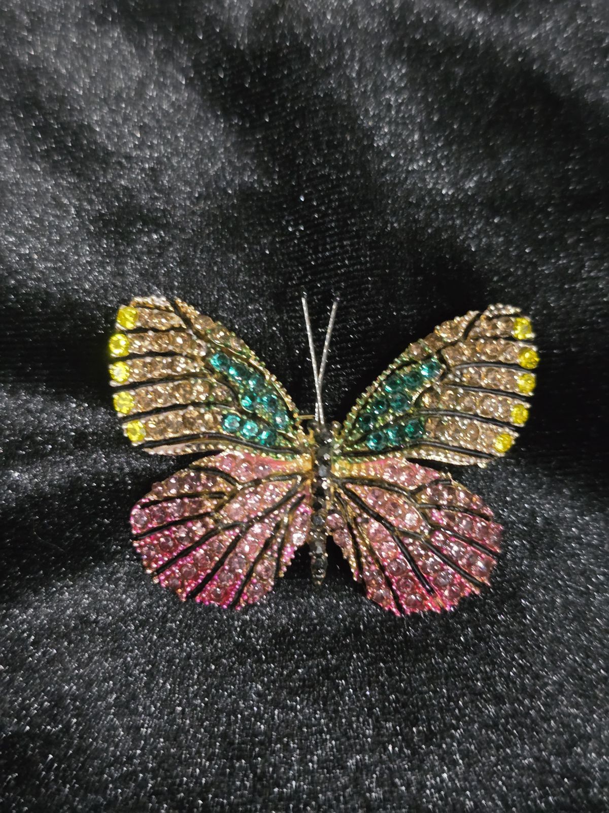 Multicolor Pave Butterfly Brooch Rhinestone Gold-Tone Statement Figural Pin