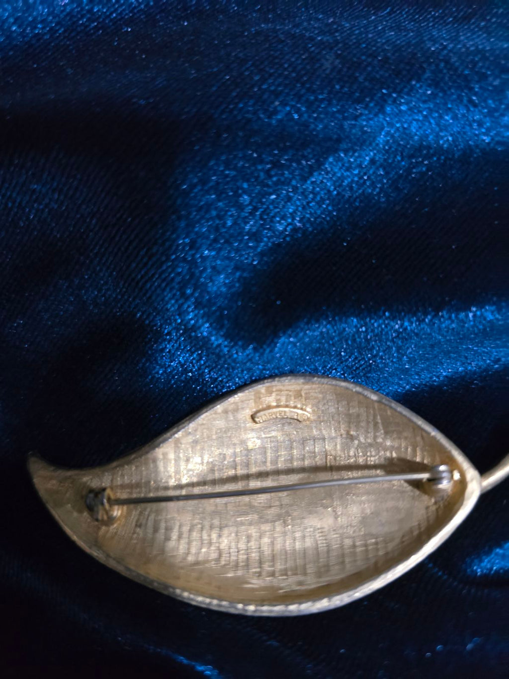 Marvella Leaf Brooch Gold-Tone Blue Enamel & Rhinestone Vintage Statement Pin