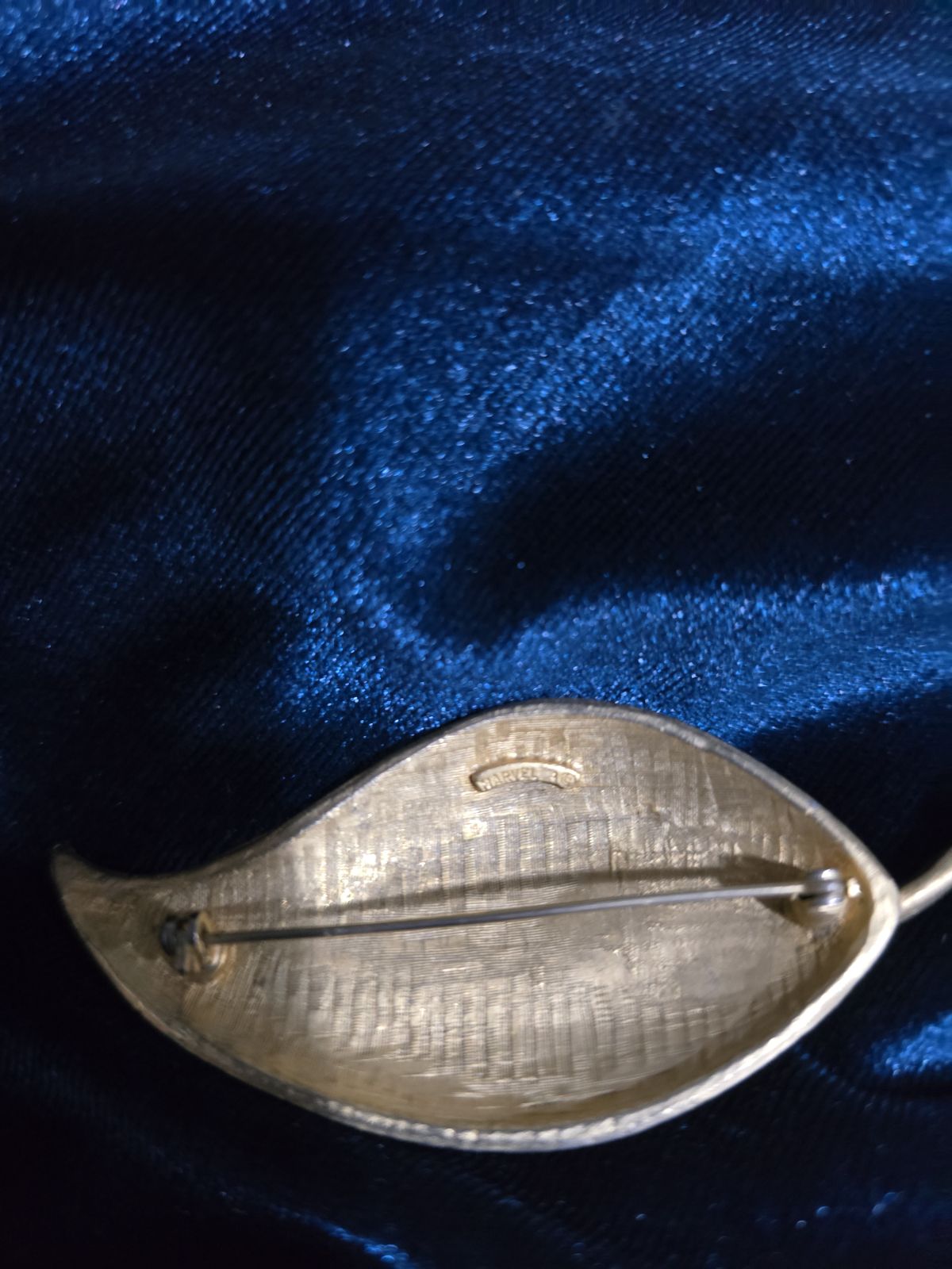 Marvella Leaf Brooch Gold-Tone Blue Enamel & Rhinestone Vintage Statement Pin