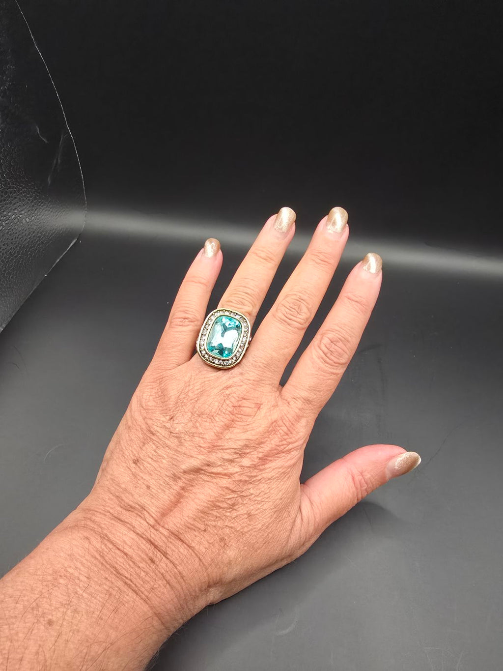 Heidi Daus Aqua Crystal Cocktail Ring Gold Tone Statement Ring Halo Designer Jewelry