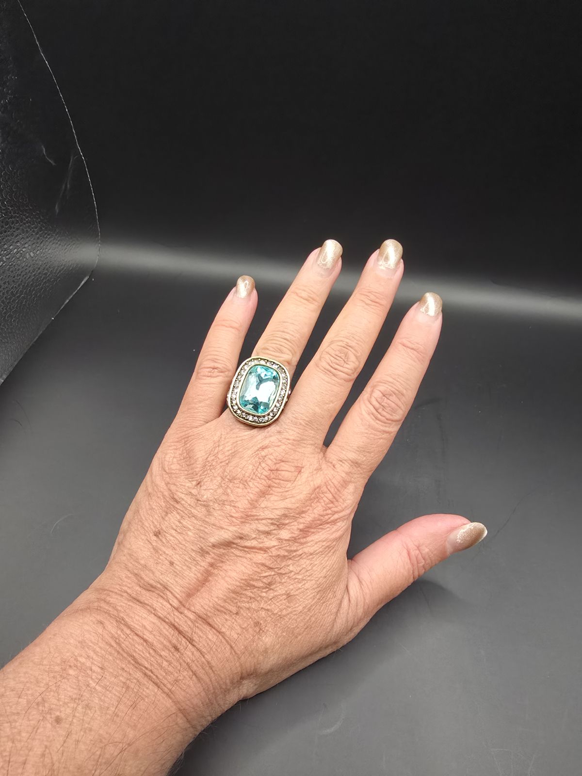 Heidi Daus Aqua Crystal Cocktail Ring Gold Tone Statement Ring Halo Designer Jewelry