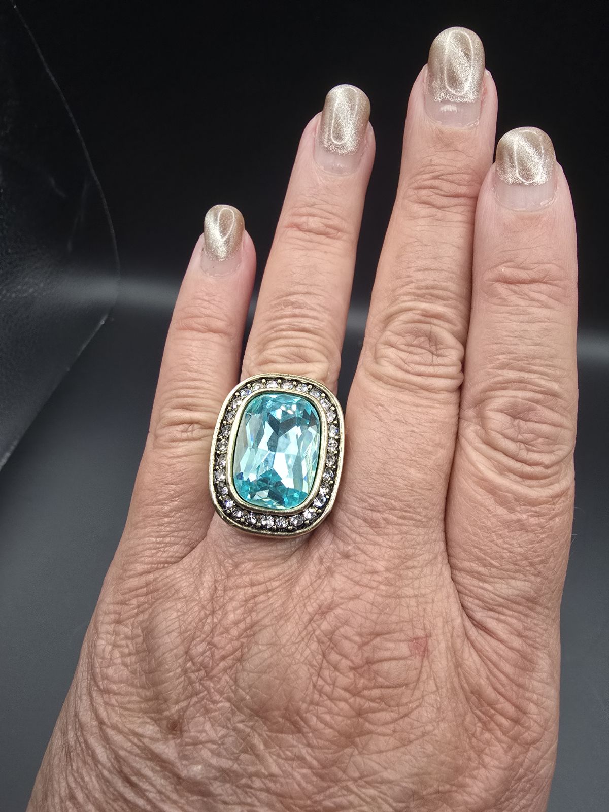 Heidi Daus Aqua Crystal Cocktail Ring Gold Tone Statement Ring Halo Designer Jewelry