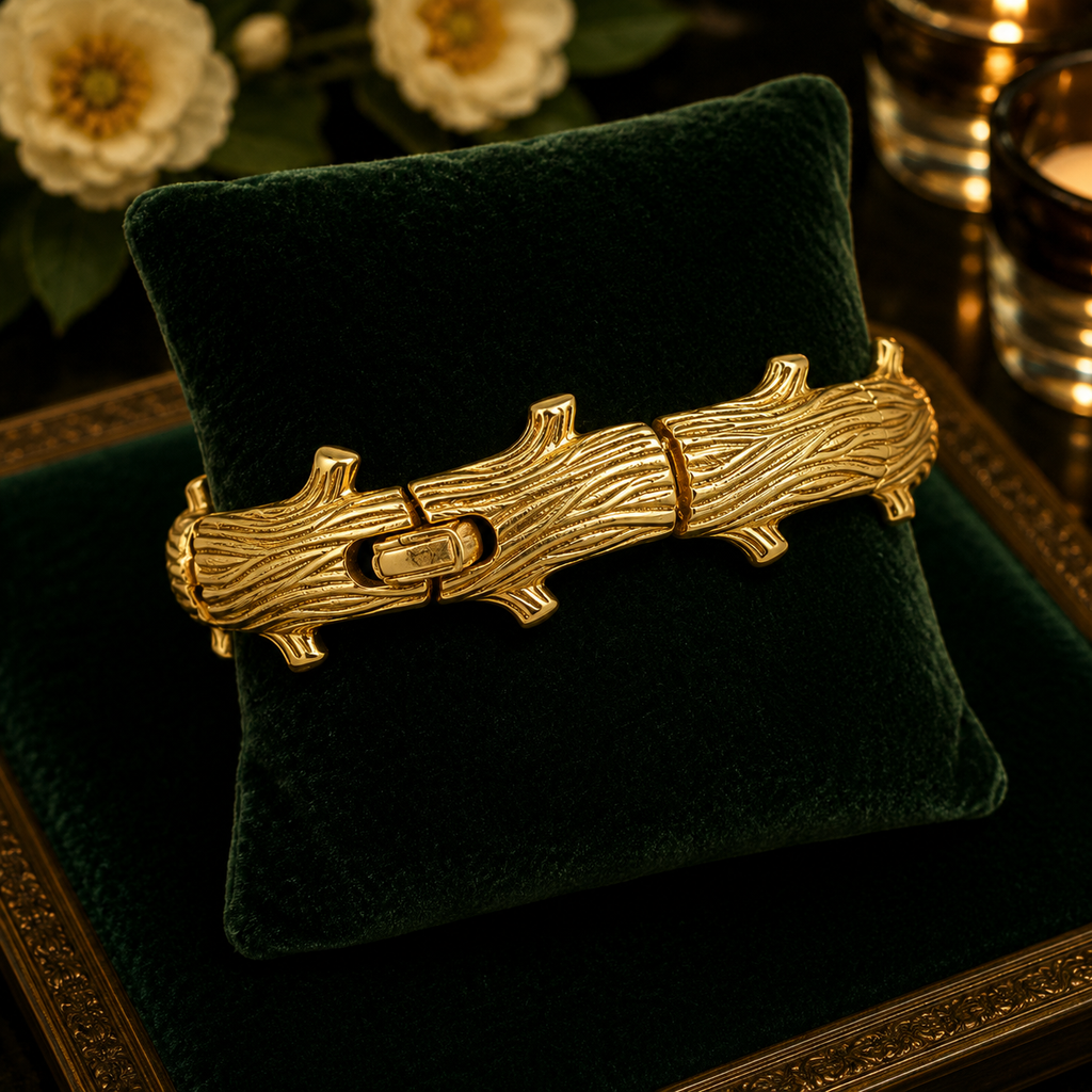 (SOLD) Trifari Gold Tone Log Link Bracelet | Vintage Textured Woodgrain Statement Bracelet