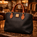 Dooney & Bourke Pebbled Leather Satchel Black Brown Trim Designer Shoulder Handbag