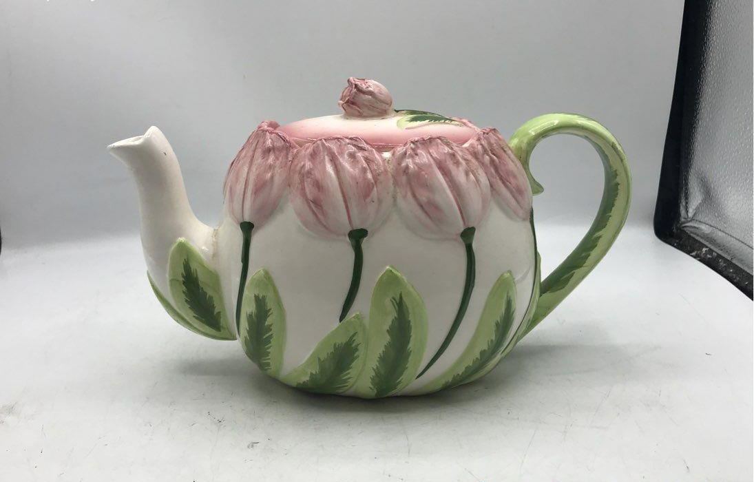 Seymour Mann Tulip Time Ceramic Tea Set, 1987 Pink Tulip Teapot Creamer & Sugar 3-Piece Set