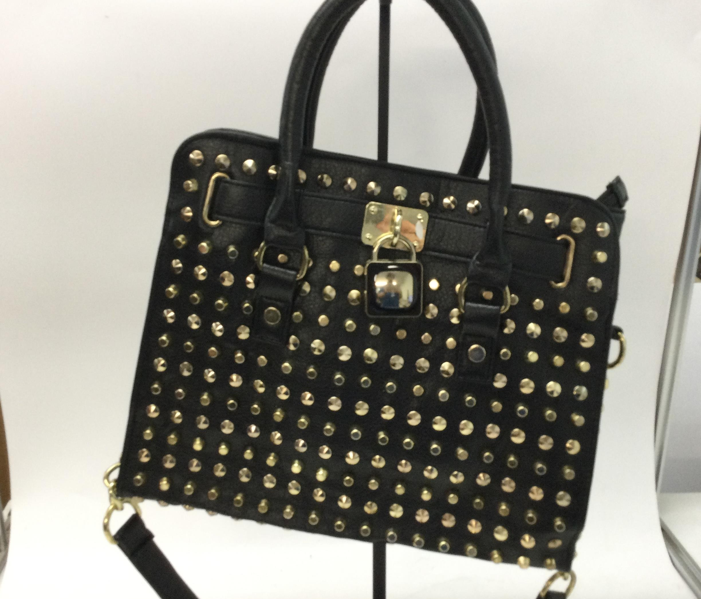 Braciano Black Studded Satchel Bag, Gold Tone Hardware Structured Shoulder Handbag