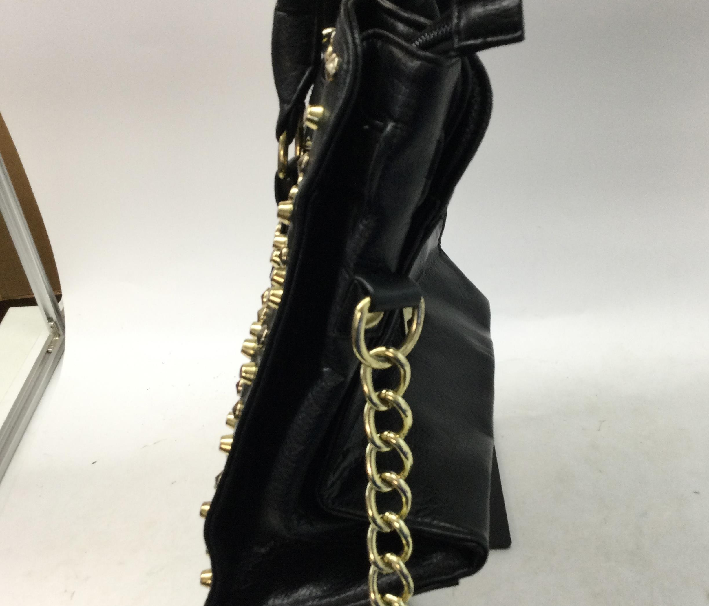Braciano Black Studded Satchel Bag, Gold Tone Hardware Structured Shoulder Handbag