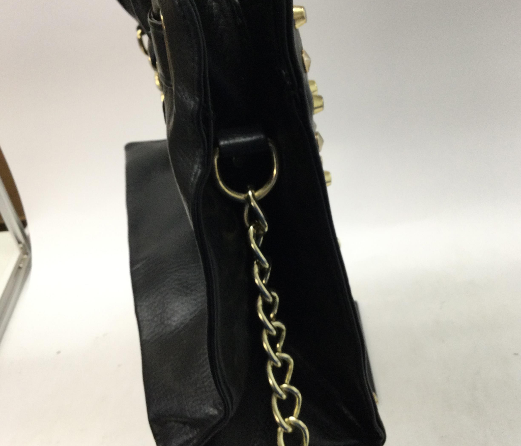 Braciano Black Studded Satchel Bag, Gold Tone Hardware Structured Shoulder Handbag