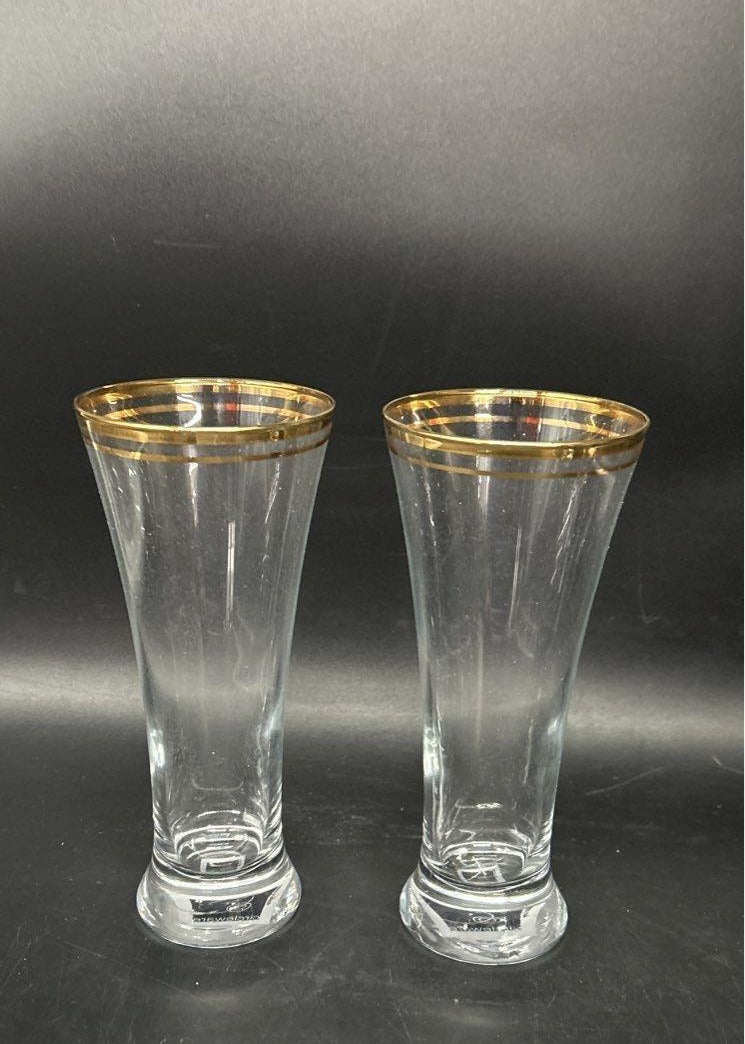 Circleware Parisian Pilsner Glasses Set of 6 Gold Rim 12 oz with Box