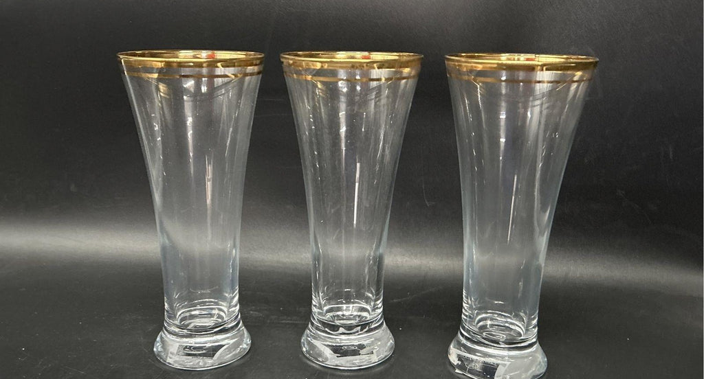 Circleware Parisian Pilsner Glasses Set of 6 Gold Rim 12 oz with Box