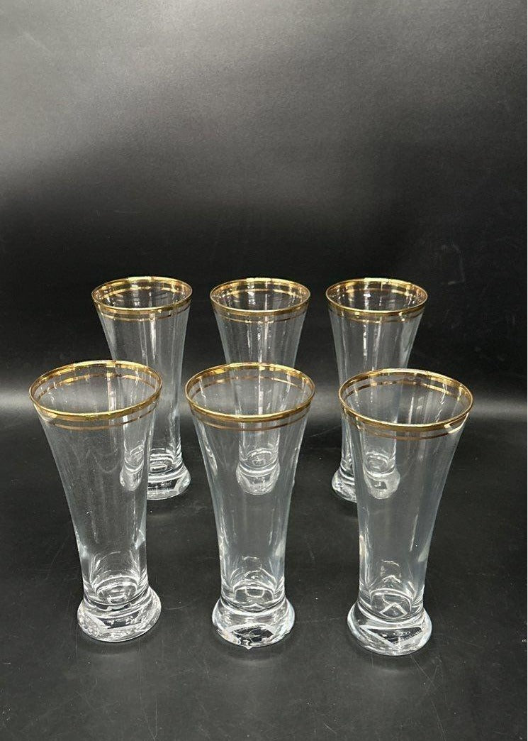 Circleware Parisian Pilsner Glasses Set of 6 Gold Rim 12 oz with Box