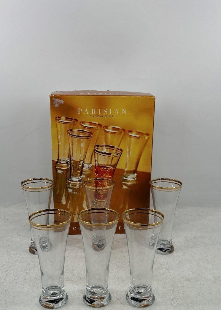 Circleware Parisian Pilsner Glasses Set of 6 Gold Rim 12 oz with Box