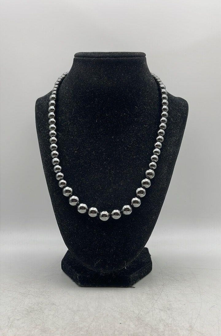 D'Joy Sterling Silver Hematite Bead Necklace 19 Inch 89.6g Statement Jewelry