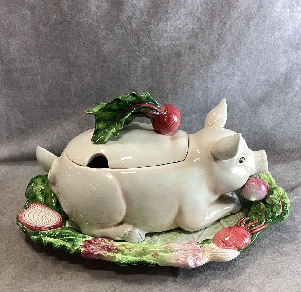 Fitz and Floyd French Market Pig Ceramic Covered Soup Tureen with Ladle and Original Box