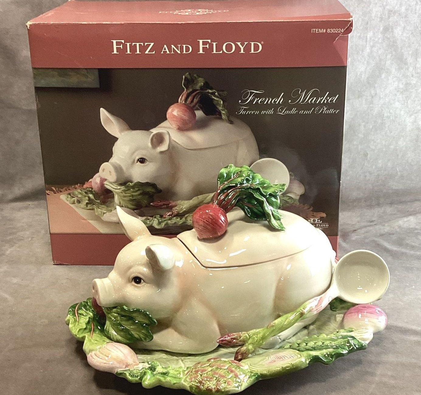 Fitz and Floyd French Market Pig Ceramic Covered Soup Tureen with Ladle and Original Box