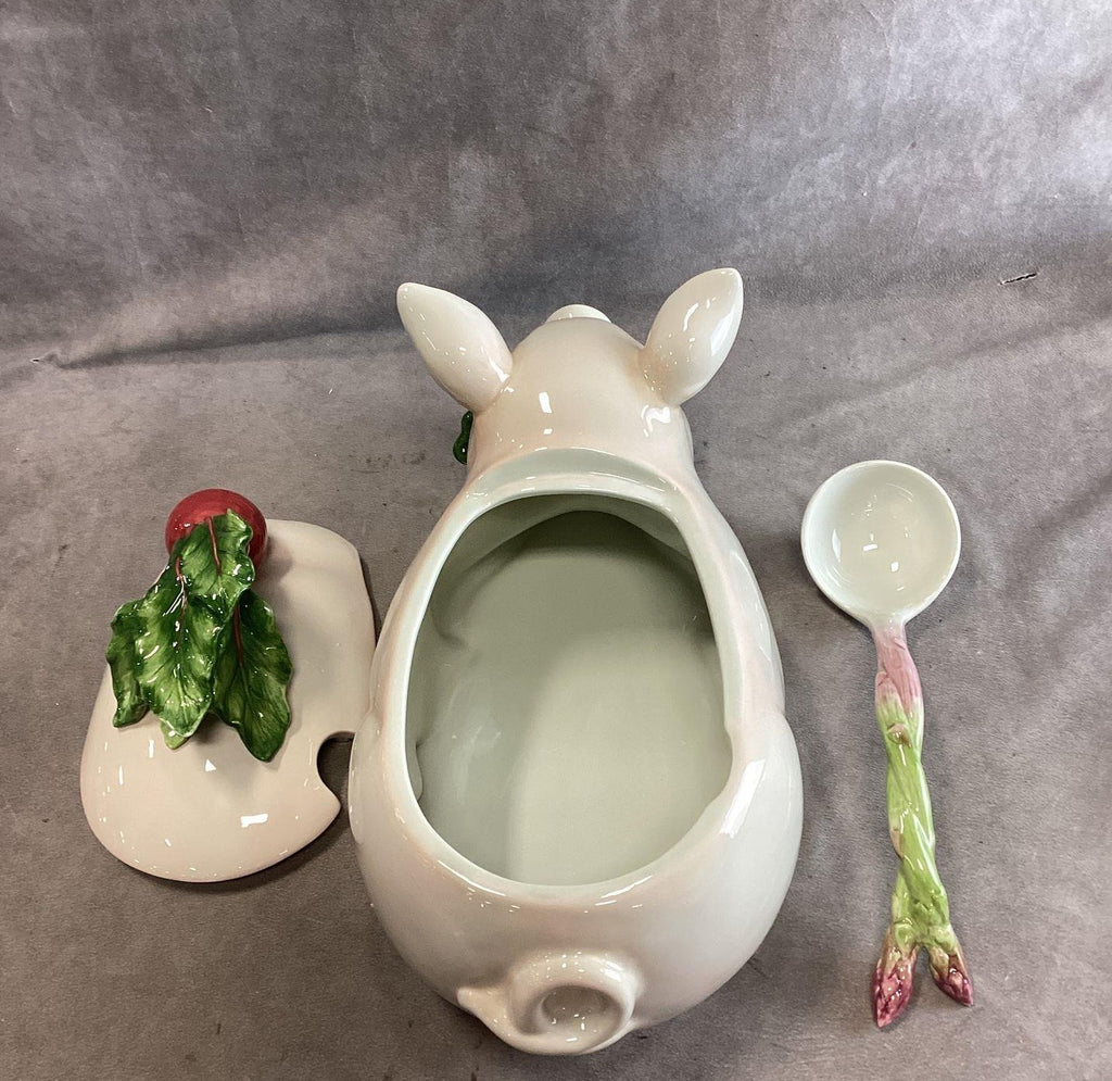 Fitz and Floyd French Market Pig Ceramic Covered Soup Tureen with Ladle and Original Box